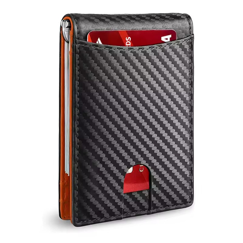 Carbon fiber pattern RFID slim money clip wallet with front quick-access card slot and visible card.